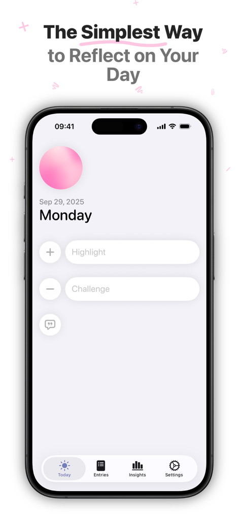 Reflect & Journal - Bloom - Minimalist journaling interface of the Bloom app featuring Highlight and Challenge prompts for daily reflection