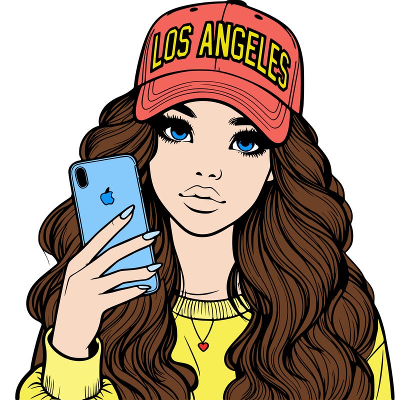 realistic beautiful girl wearing los ángeles cap holding an iphone