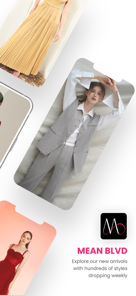 MEAN BLVD - MEAN BLVDアプリのインターフェース、様々なエレガントな女性用衣料スタイルと新着アイテムを表示