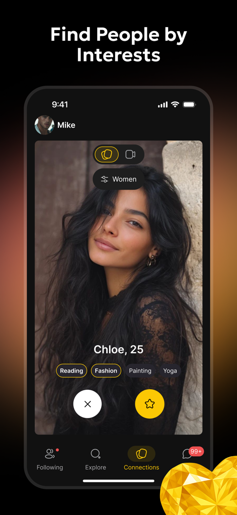 Lola: Live Video Chat, Explore - Interfaz de la aplicación Lola que muestra un perfil de usuario con etiquetas de intereses específicas como lectura y moda.