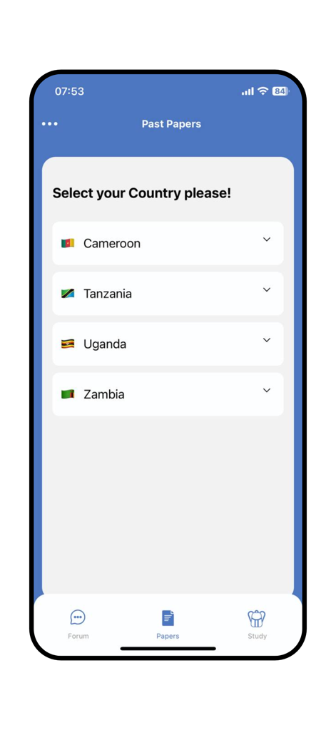 Kawlo - Interface de l'application Kawlo pour sélectionner les sujets des années précédentes des examens du Cameroun, de Tanzanie, d'Ouganda et de Zambie.