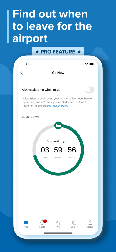 空港への出発時刻までのカウントダウンタイマーが表示されたTripIt Proアプリの画面