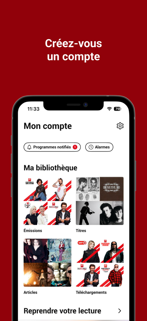 RTL2 - Le Son Pop-Rock - The My Account screen of the RTL2 app showing a personalized library with shows, tracks, and downloads.