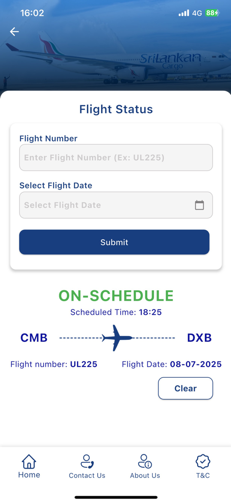 SriLankan Cargo - SriLankan Cargo app interface displaying real-time flight status and schedule for cargo flights.