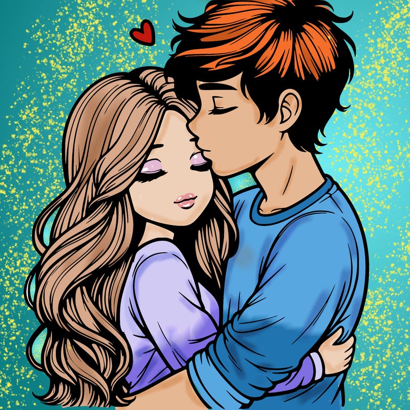 a realistic couple boy and girl hugging and kissing