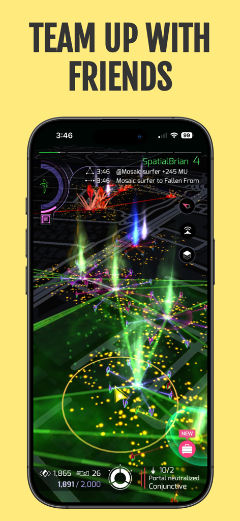Ingress - Mobile Bildschirm zeigt die Ingress AR-Spielkarte mit grünen Portalverbindungen und Gebietskontrollfeldern