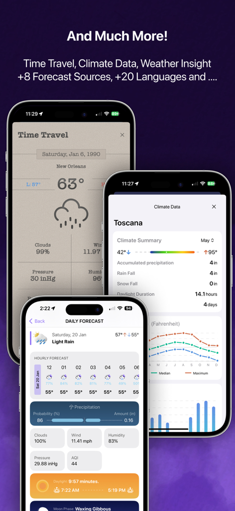 HeyWeather app screens showing time travel climate data and daily weather forecasts