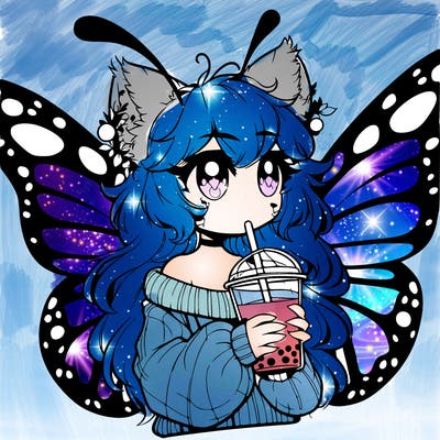 a realistic butterfly/furry girl drinking boba