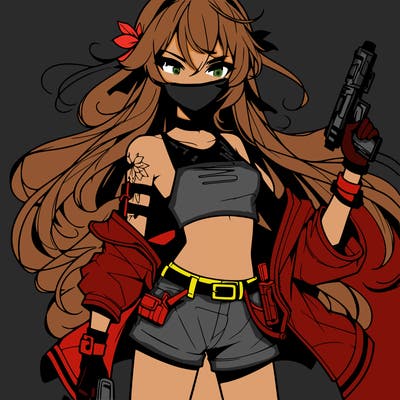 bad girl wearing crop top holding a gun long hair anime