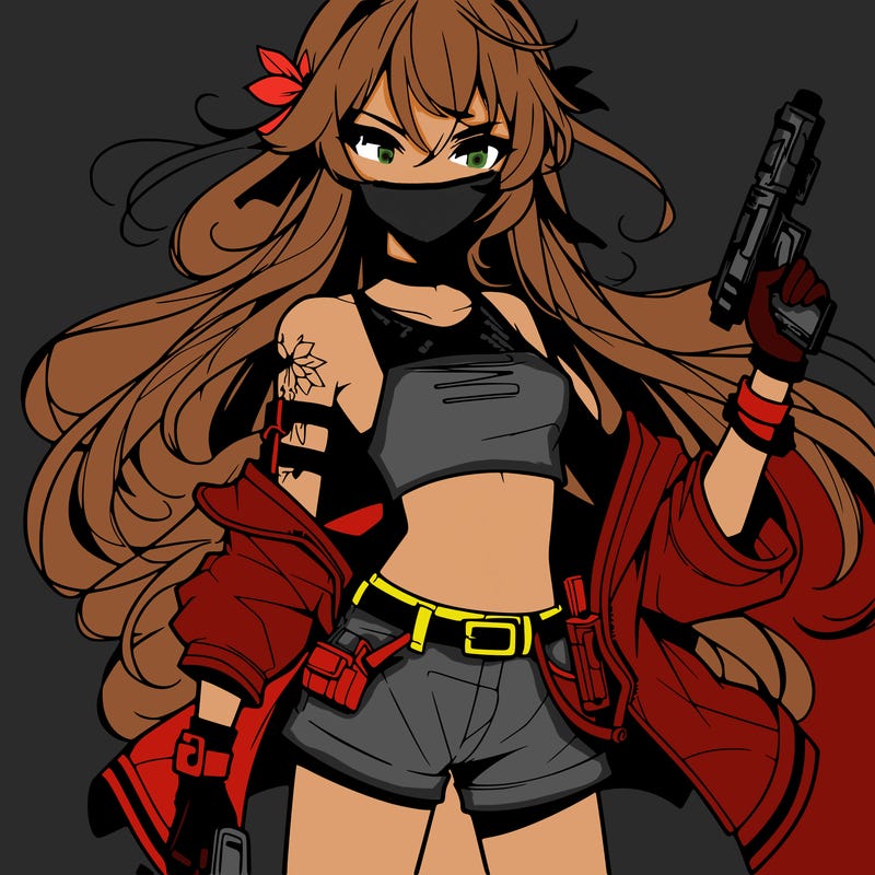 bad girl wearing crop top holding a gun long hair anime