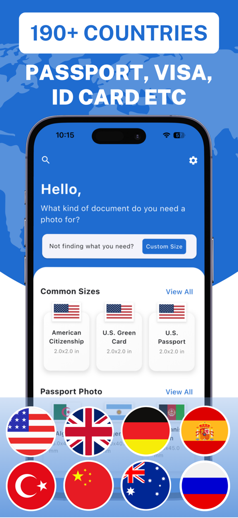 Passport Photo ID Visa Maker - Interface de l'application Passport Photo ID Visa Maker montrant des options de photo pour les passeports américains et les cartes vertes dans 190 pays.