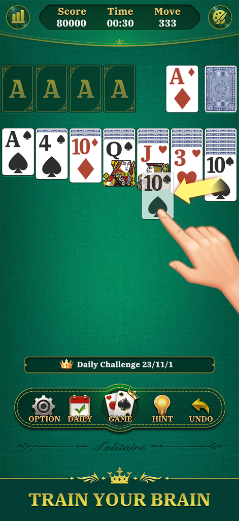 A hand moving a card in a game of solitaire with a green background and a slogan saying Train Your Brain.