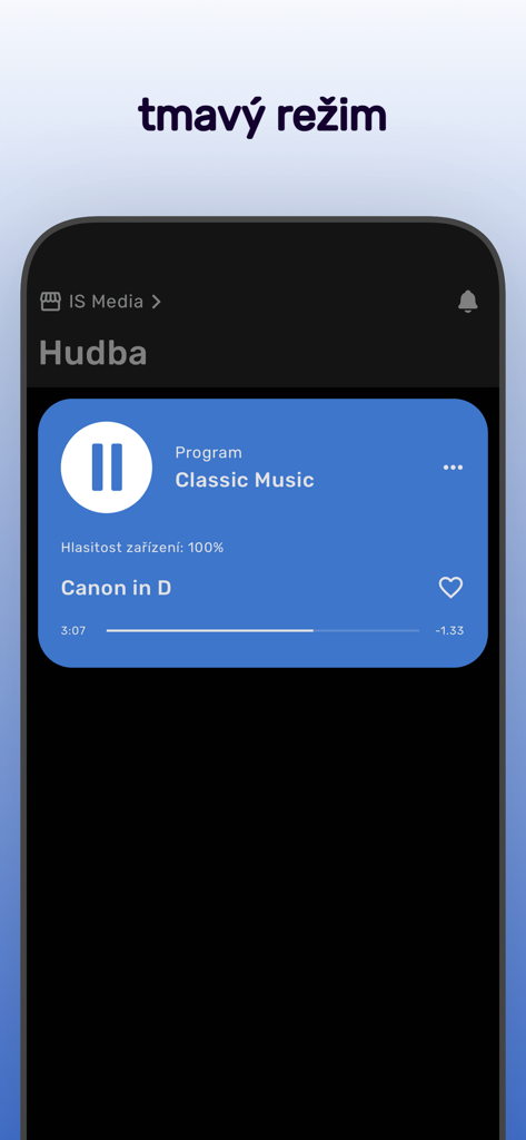 Interfaz de la aplicación móvil Dirigent en modo oscuro con un reproductor de música clásico para negocios