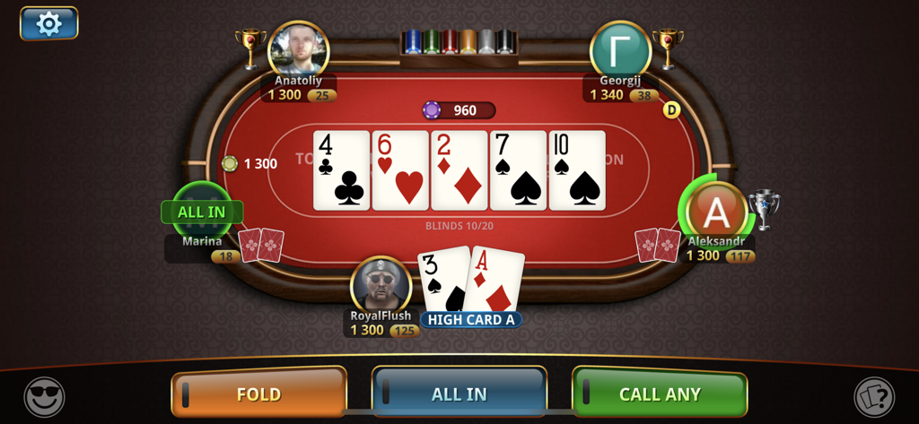 Poker Championship online - Mobile poker game interface showing a Texas Holdem table with five community cards and player avatars