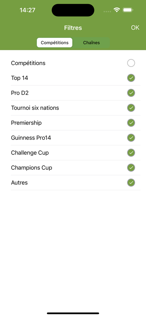 RugbyToWatch app interface showing filters for different rugby competitions like Top 14 and Six Nations.