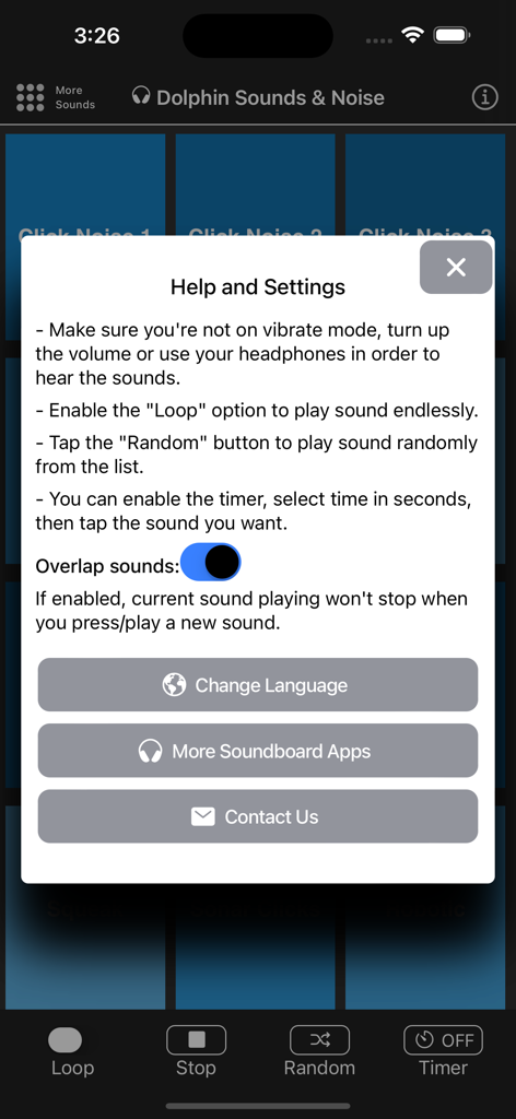 Dolphin Sounds & Noises - Pop-up de Ajuda e Configurações no aplicativo Sons e Ruídos de Golfinho mostrando o alternador de sobreposição de som e opções de suporte
