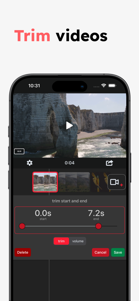 Merge Videos and Photos - Eine mobile Benutzeroberfläche zum Zuschneiden von Videoclips mit Start- und Endschiebereglern.