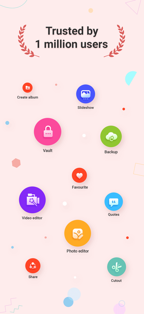 Photo Gallery - Gallery Lock - Interfaz de la aplicación Photo Gallery mostrando características como bóveda privada, copia de seguridad, editor de video y editor de fotos
