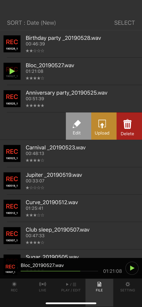 A list of recorded DJ sets in the DJM-REC app interface with options to edit upload or delete files.