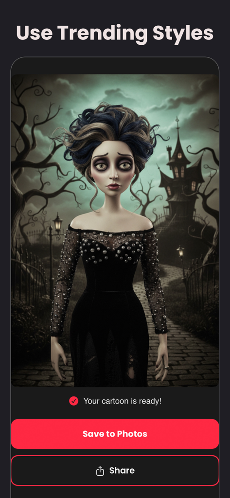 Retoon: Cartoon Photo Editor - A gothic cartoon portrait of a woman in a black dress generated by Retoon AI photo editor