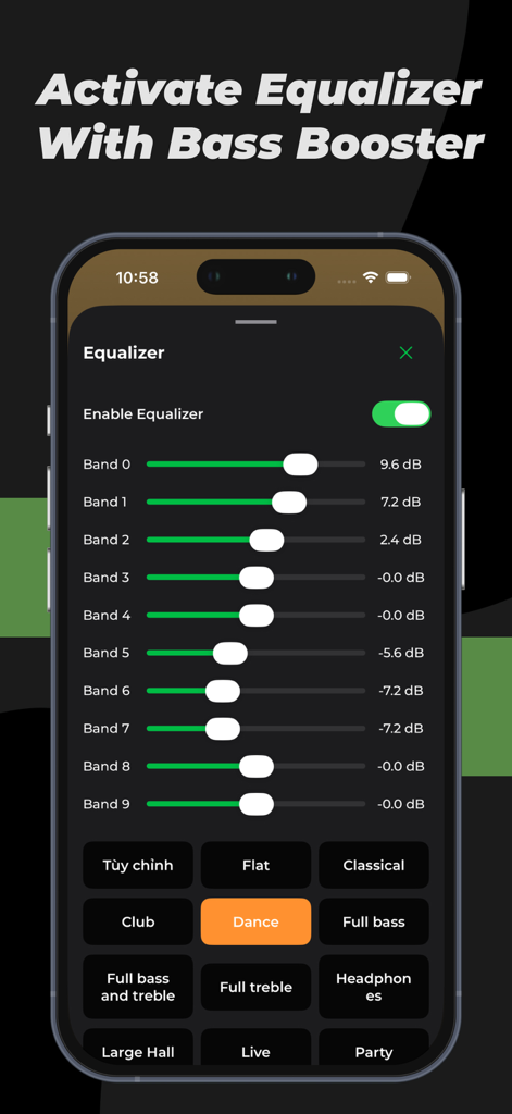 Music Lite - Music Player - Equalizer interface with bass booster and sound presets in Music Lite app