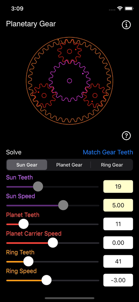 Planetary Gear Calculator - Oberfläche des Planetengetriebe-Rechners, die eine visuelle Getriebesimulation und einstellbare Schieberegler für Zähne- und Geschwindigkeitsparameter zeigt.