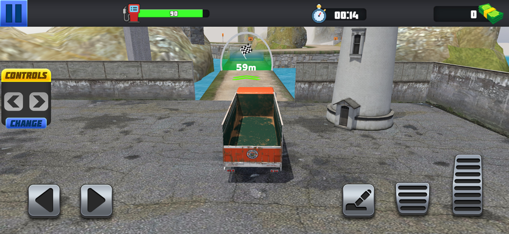 Truck Driving Simulator Games! - A gameplay screenshot of a truck driving simulator showing an orange truck approaching a checkpoint near a lighthouse