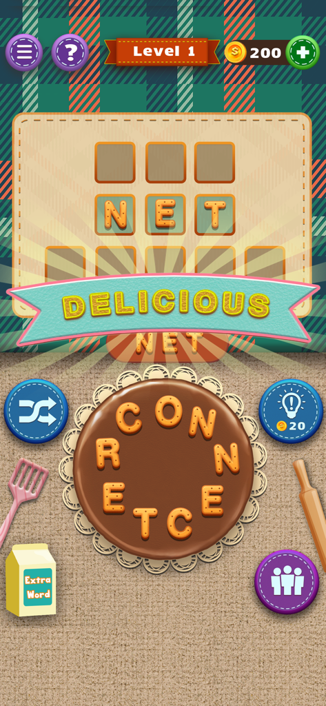 A screenshot of the Mots Cookies game showing a level where the word NET is formed using letter-shaped cookies on a chocolate base
