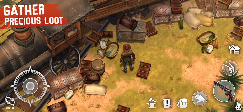 A cowboy character stands among scattered chests and barrels next to a steam train in Westland Survival