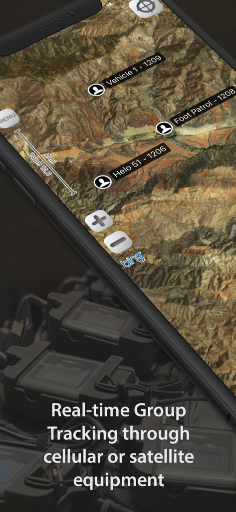 LeadNav GPS interface showing real-time group tracking of vehicles and foot patrols on a satellite map
