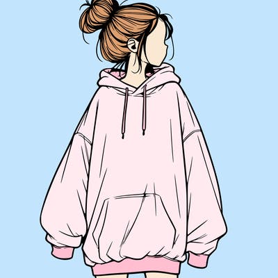 realistic girl with a oversized sweatshirt on and a bun