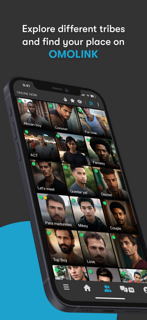 Omolink app interface showing a grid of diverse male profiles and community tribes