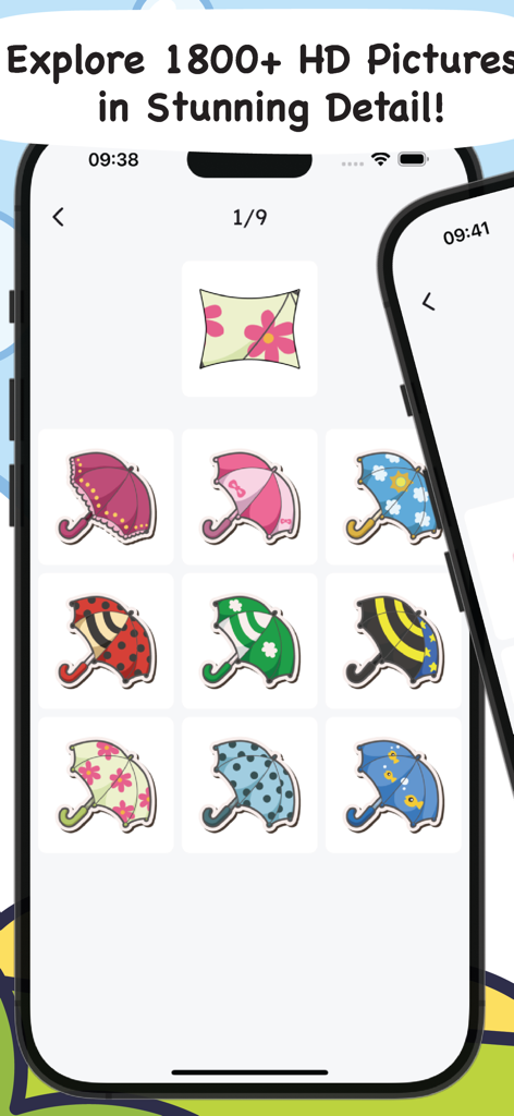 Brain Boost: Mental Up for Kid - A educational game screen from Brain Boost showing a grid of colorful umbrellas with various patterns for children to explore