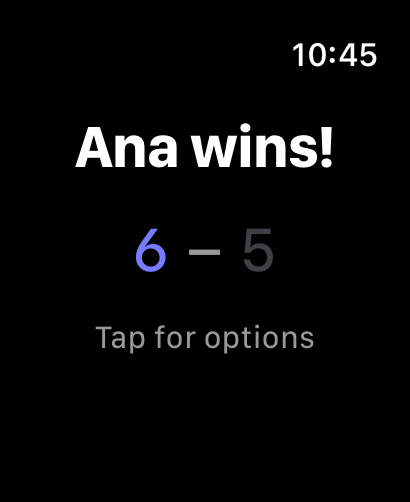 Snappy Tennis ScoreboardのApple Watch画面。Ana winsとスコア6対5が表示されています。