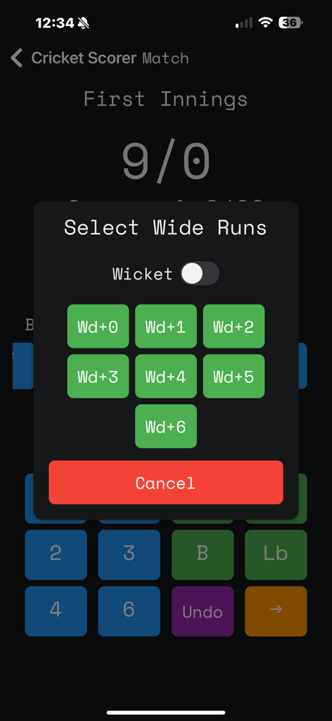 Gully Cricket Scorer - Auswahlmenü für Wide Runs in der Gully Cricket Scorer App mit Optionen von Wd+0 bis Wd+6 und einer Wicket-Umschaltfläche