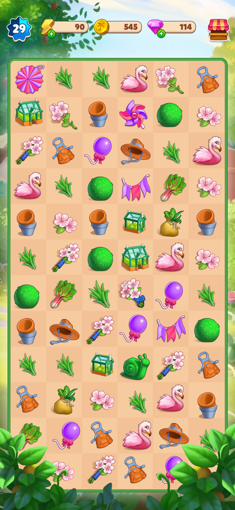 In game view of Travel Town showing the merge board with flowers and flamingos