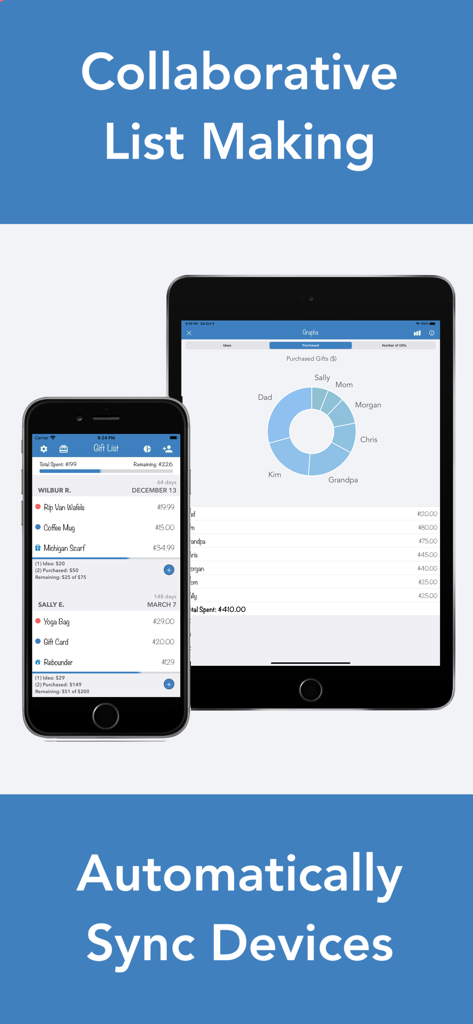 Birthday Countdown & Gift List - iPhone 및 iPad에서 동기화된 선물 목록 및 지출 그래프를 보여주는 생일 카운트다운 및 선물 목록 앱