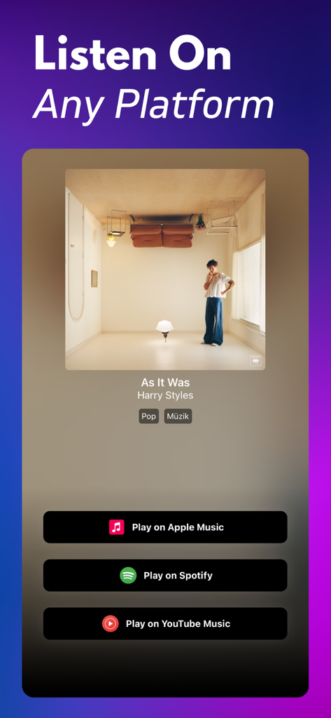 Music Identifier - Music Identifier app screen showing integration with Apple Music Spotify and YouTube Music
