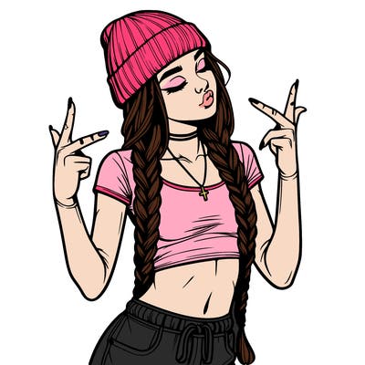 realistic teenage girl with braids and a beanie and crop top doing 🫶🏼