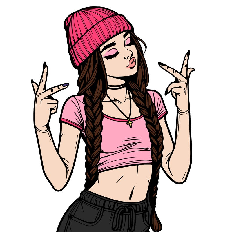 realistic teenage girl with braids and a beanie and crop top doing 🫶🏼