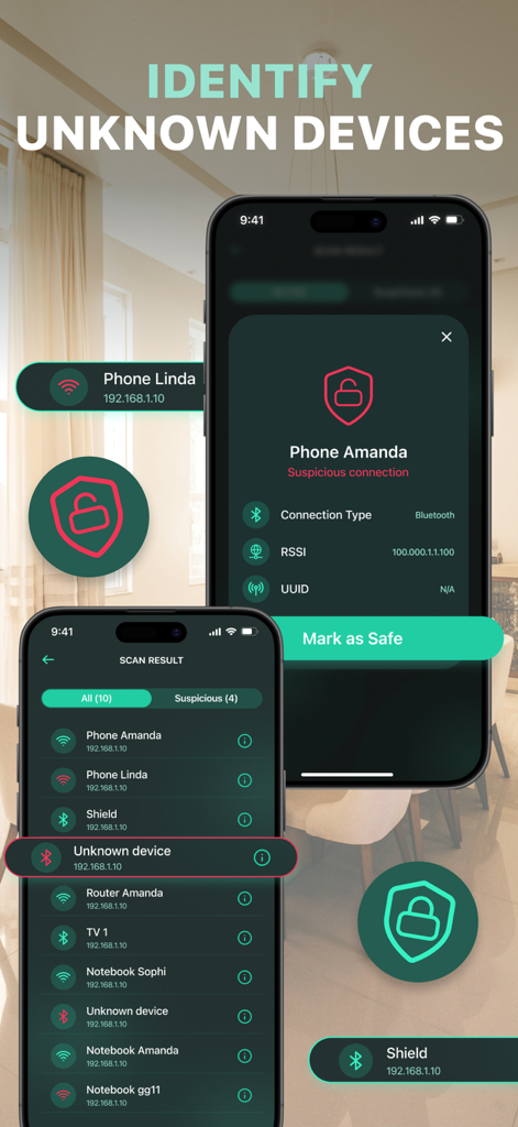 숨겨진 카메라 스파이 버그 탐지기 앱 인터페이스로 의심스러운 연결 경고가 있는 식별된 네트워크 장치 스캔 결과 표시