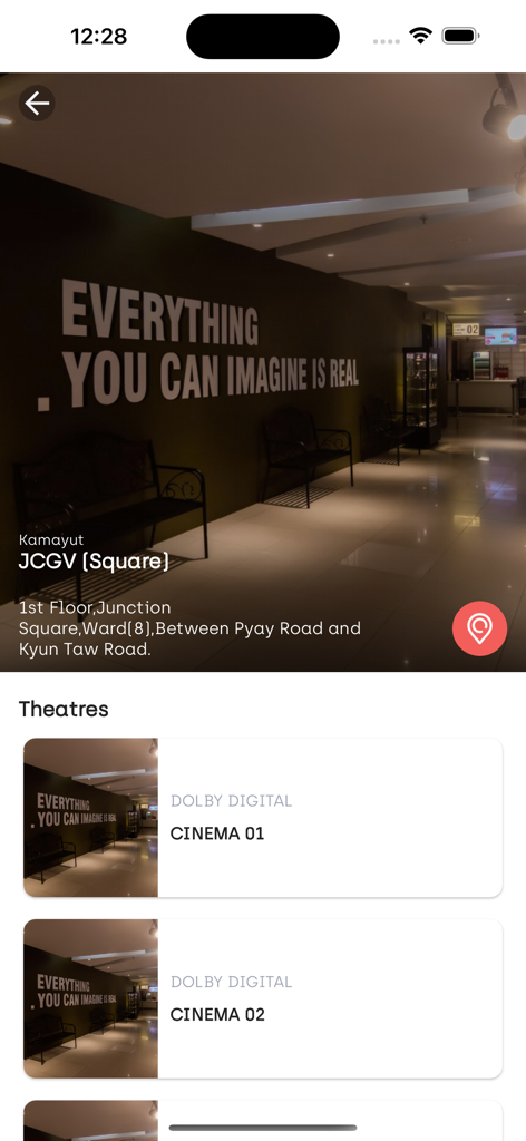 J Cineplex - App mobile J Cineplex che mostra la posizione del cinema e la selezione della sala