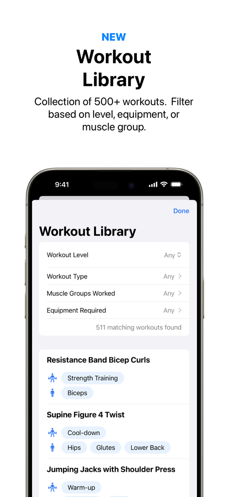 Timed: Workout Timer & Planner - Timed app Workout Library interface showing exercise filters for muscle groups and equipment