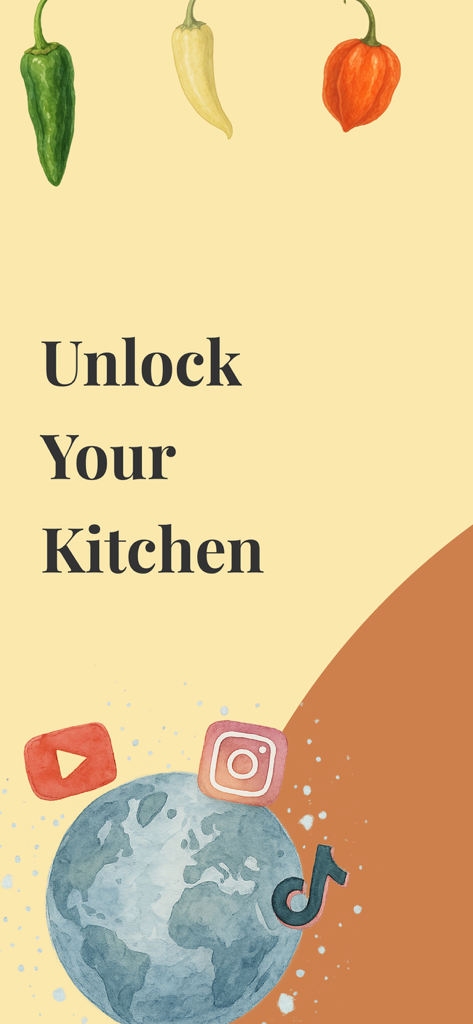 Pantalla promocional de Foodie Recipe Journal con el texto Desbloquea Tu Cocina, con ilustraciones de acuarela de pimientos e iconos de redes sociales alrededor de un globo.