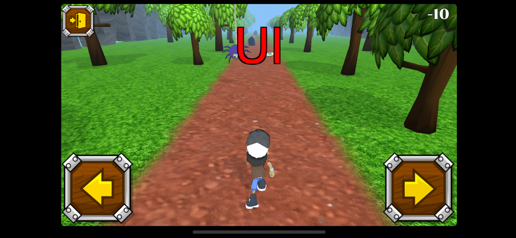 Cuca - キャラクターのマックスが、クカ読み書きゲームで浮いている大きな文字UIに向かって森の中の道を走っています。