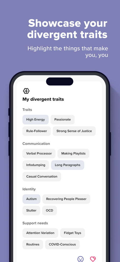 Hiki: Autism ADHD & ND Dating - A mobile interface for the Hiki app showing options to select neurodivergent traits, communication styles, and support needs.