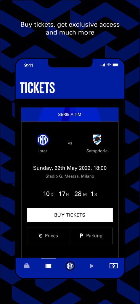 Inter Official App - Interface of the Inter Official App showing the ticket purchase section for a match at San Siro stadium with a countdown timer and buy tickets button