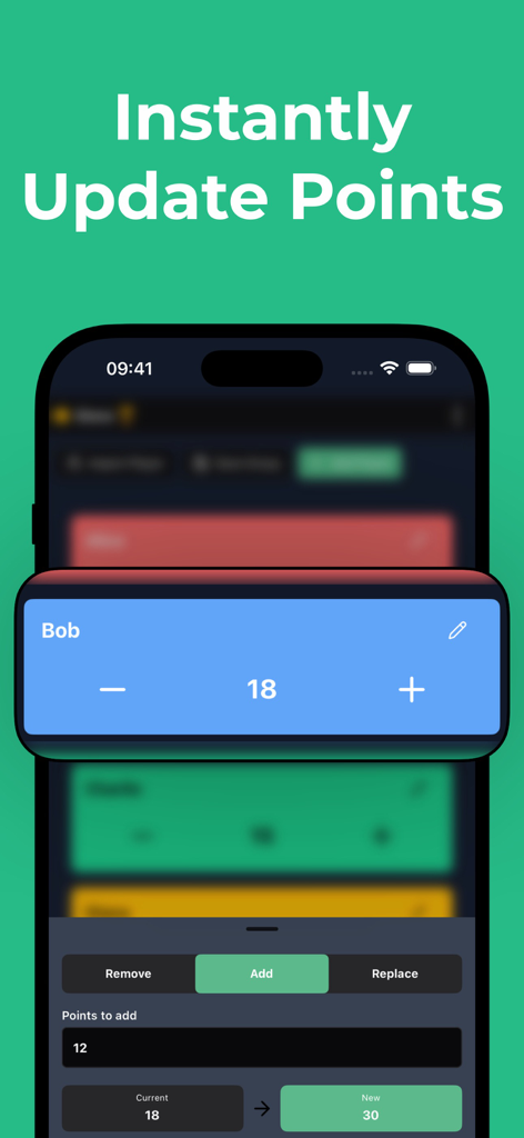 Score keeper - Scory - Scory app interface showing a player named Bob with a point update from eighteen to thirty
