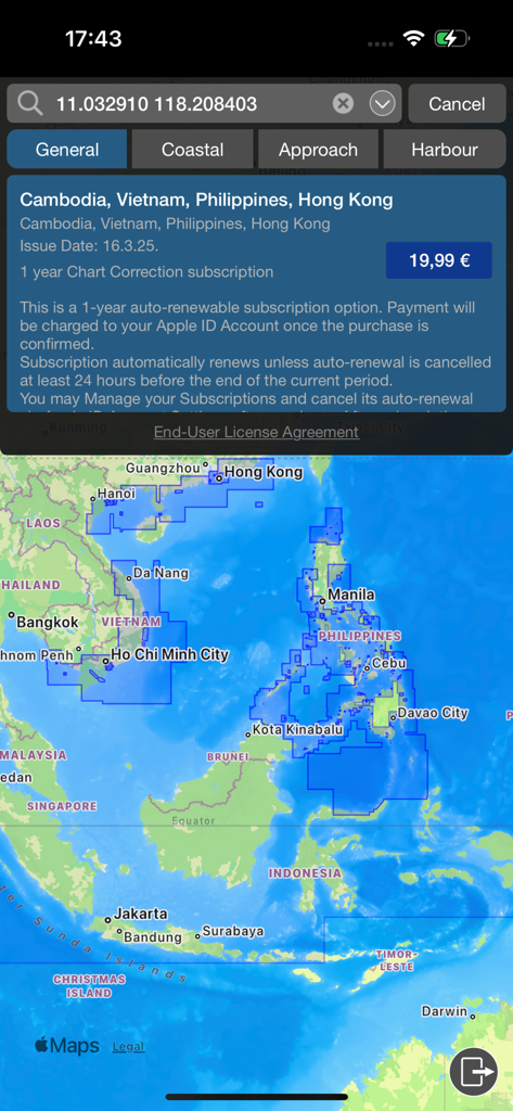 Pantalla móvil que muestra la aplicación Wärtsilä iSailor con un mapa náutico del Sudeste Asiático y una oferta de suscripción para correcciones de cartas.
