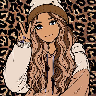 a teenage girl in a beanie, oversized sweatshirt, wavy long hair, and is showing a ✌️